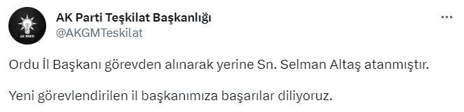 AK PARTİ ORDU İL BAŞKANI HALİT TOMAKİN GÖREVİNDEN ALINARAK YERİNE