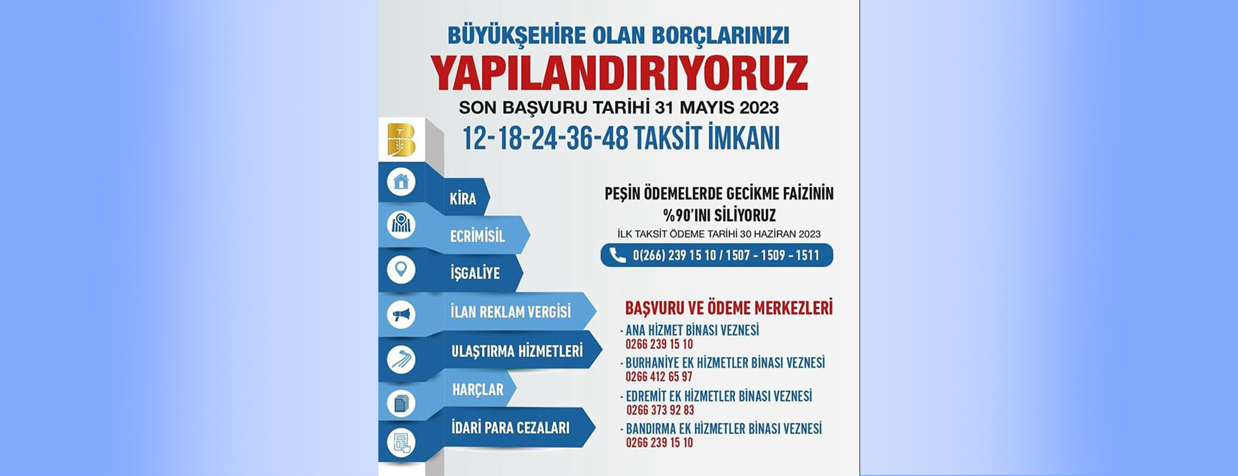 Büyükşehir’e borcu olanlar dikkat! Balıkesir Büyükşehir Belediyesi, borçlarla ilgili yapılandırma yapacağını duyurdu. Kira,