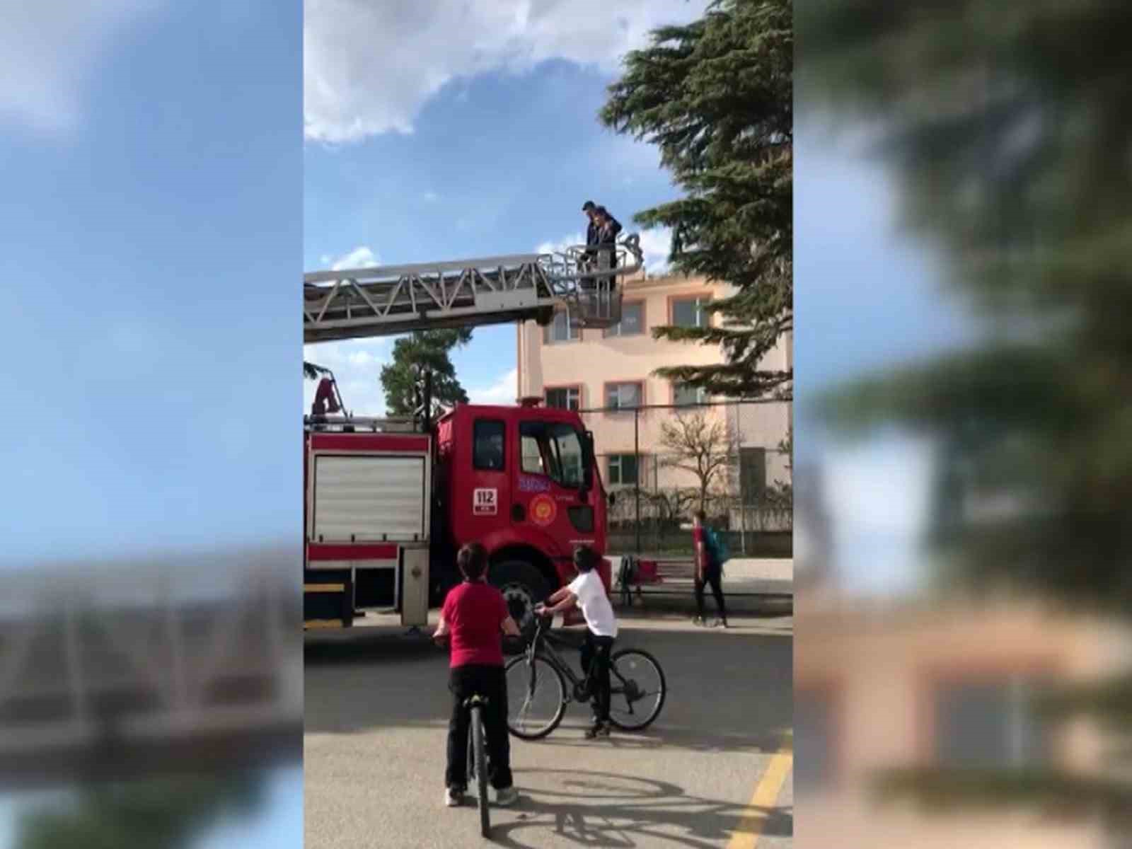 ÇIKTIĞI AĞAÇTAN İNEMEYEN ÇOCUĞU İTFAİYE KURTARDI