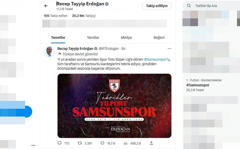 CUMHURBAŞKANI RECEP TAYYİP ERDOĞAN, SÜPER LİG’E YÜKSELME BAŞARISI GÖSTEREN SAMSUNSPOR’U