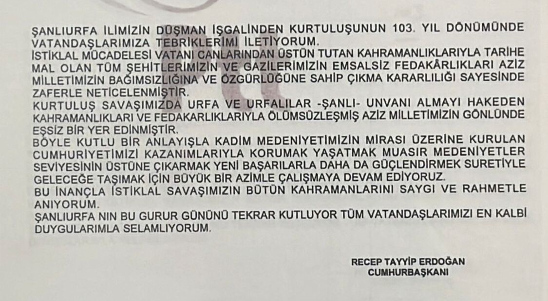 CUMHURBAŞKANI ERDOĞAN ŞANLIURFA'NIN KURTULUŞ GÜNÜNÜ KUTLADI