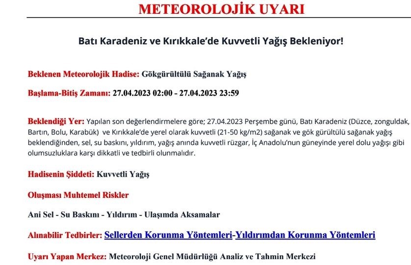 METEOROLOJİ GENEL MÜDÜRLÜĞÜ ZONGULDAK İÇİN KUVVETLİ YAĞIŞ UYARISINDA BULUNDU.