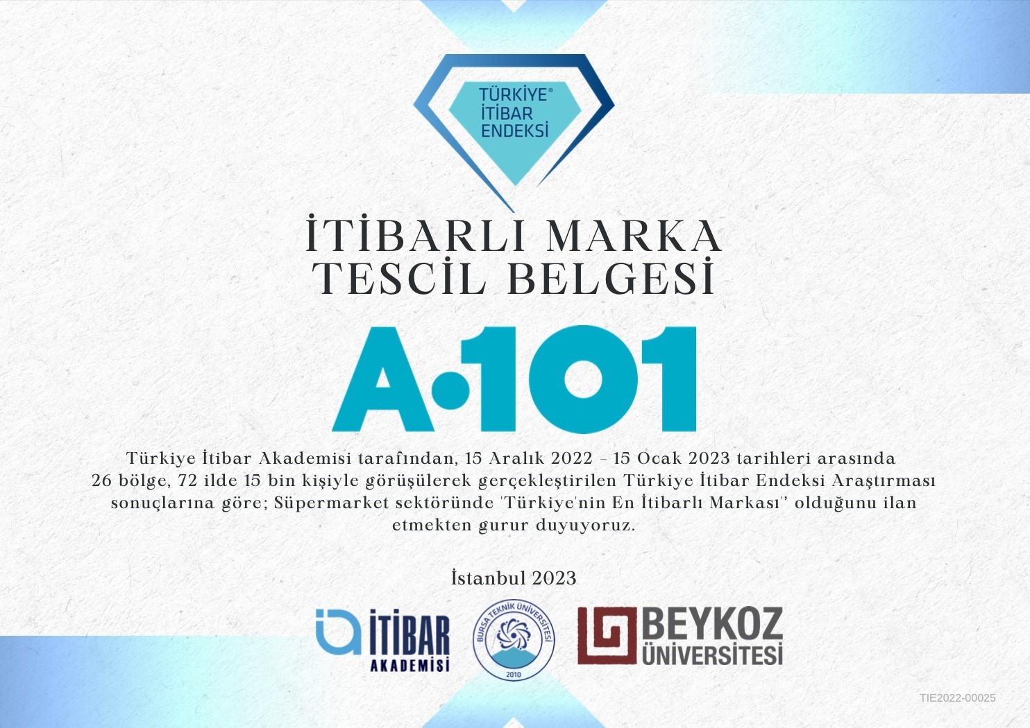 A101, İTİBAR ENDEKSİ ARAŞTIRMASINA GÖRE SÜPERMARKET KATEGORİSİNDE TÜRKİYE’NİN EN İTİBARLI