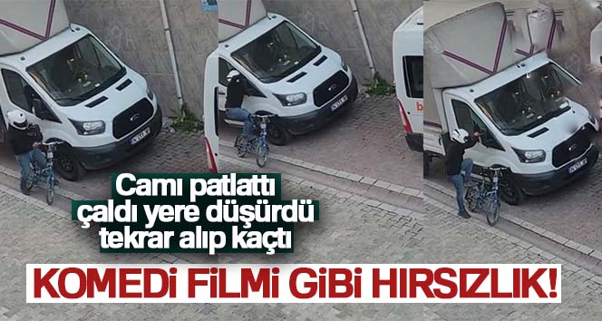İstanbul’da komedi filmi gibi hırsızlık kamerada: Camı patlattı, çaldı yere düşürdü, tekrar alıp kaçtı İstanbul’da bisikletle sokağa gelen kasklı bir hırsız, güpegündüz minibüsün camını