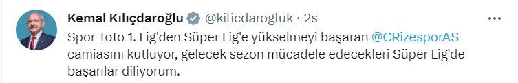CUMHURBAŞKANI ADAYI KEMAL KILIÇDAROĞLU ÇAYKUR RİZESPOR’UN SÜPER LİGE ÇIKIŞINI MESAJ