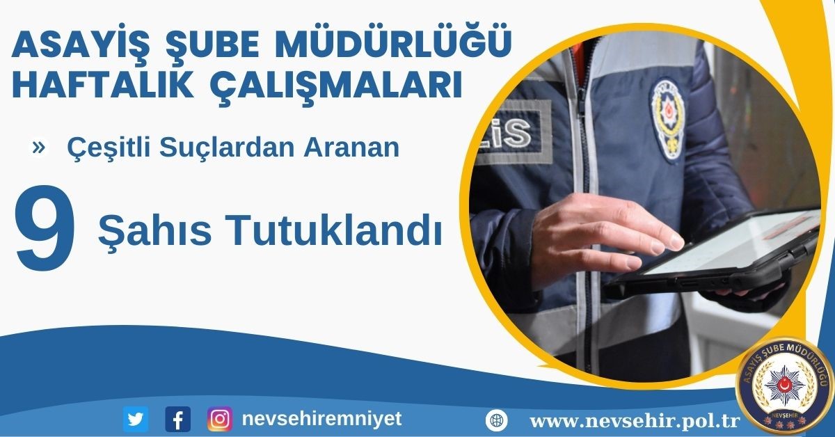 NEVŞEHİR’DE ÇEŞİTLİ SUÇLARDAN ARANMASI BULUNAN 9 ŞAHIS TUTUKLANDI.