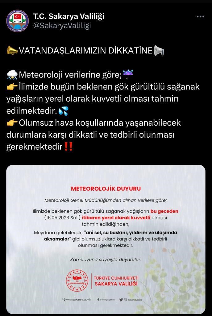 SAKARYA VALİLİĞİ, METEOROLOJİK VERİLERE GÖRE ŞEHİRDE BU GECEDEN İTİBAREN BEKLENEN