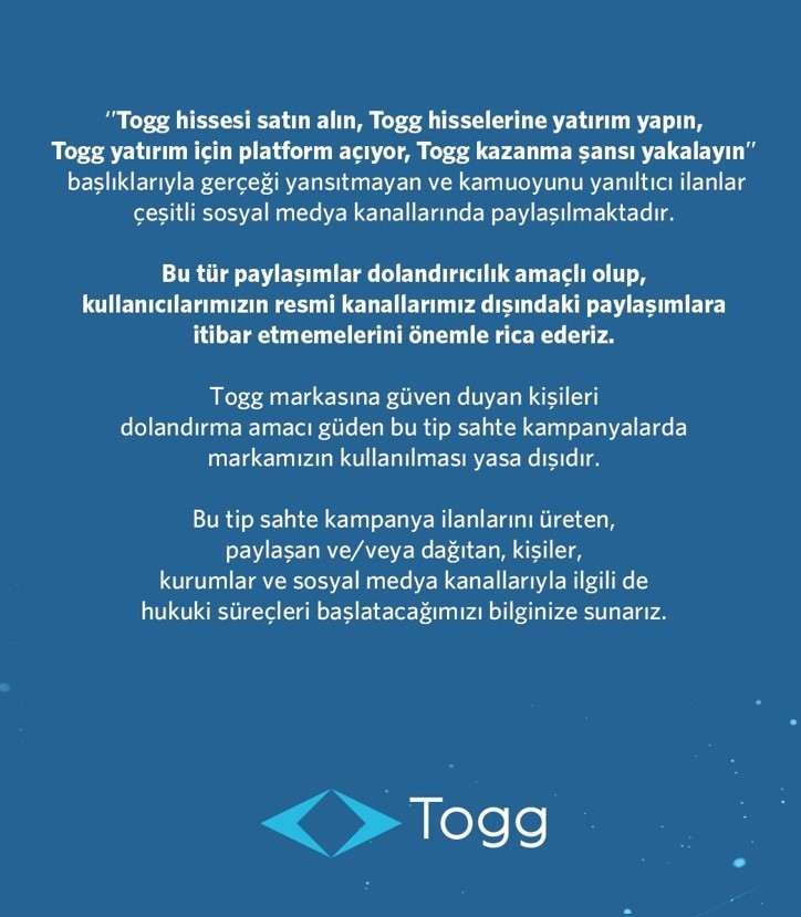 TOGG'UN RESMİ SAYFASINDA YER ALAN AÇIKLAMADA YERLİ OTOMOBİL ADINA AÇILAN