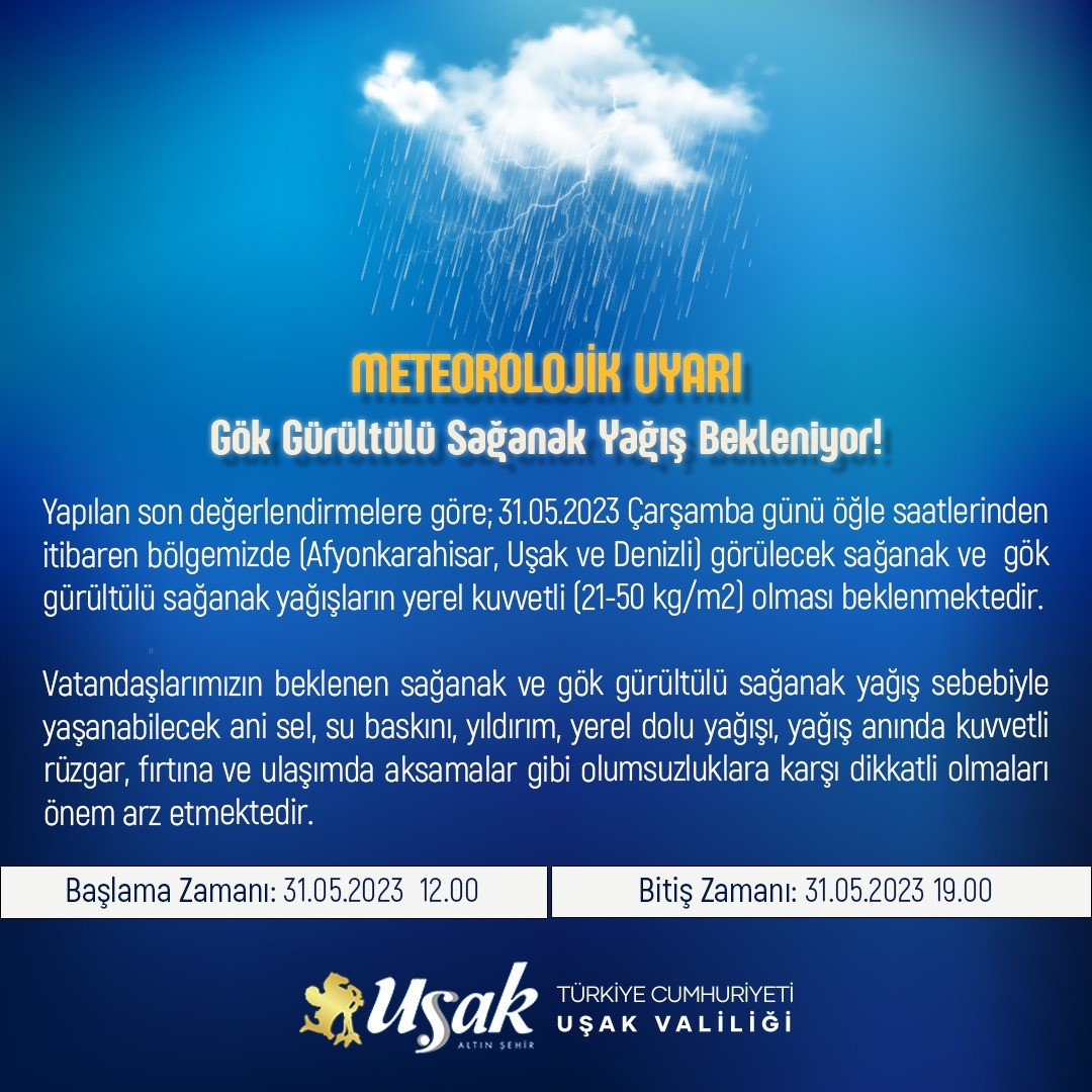 METEOROLOJİ 5. BÖLGE MÜDÜRLÜĞÜ TARAFINDAN YAPILAN AÇIKLAMAYA GÖRE, UŞAK VE