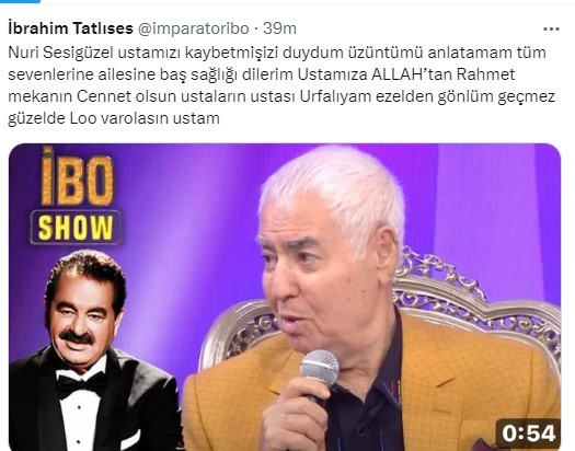 USTA SANATÇININ VEFAT HABERİNİ İBRAHİM TATLISES, SOSYAL MEDYADAN DUYURDU. TATLISES,