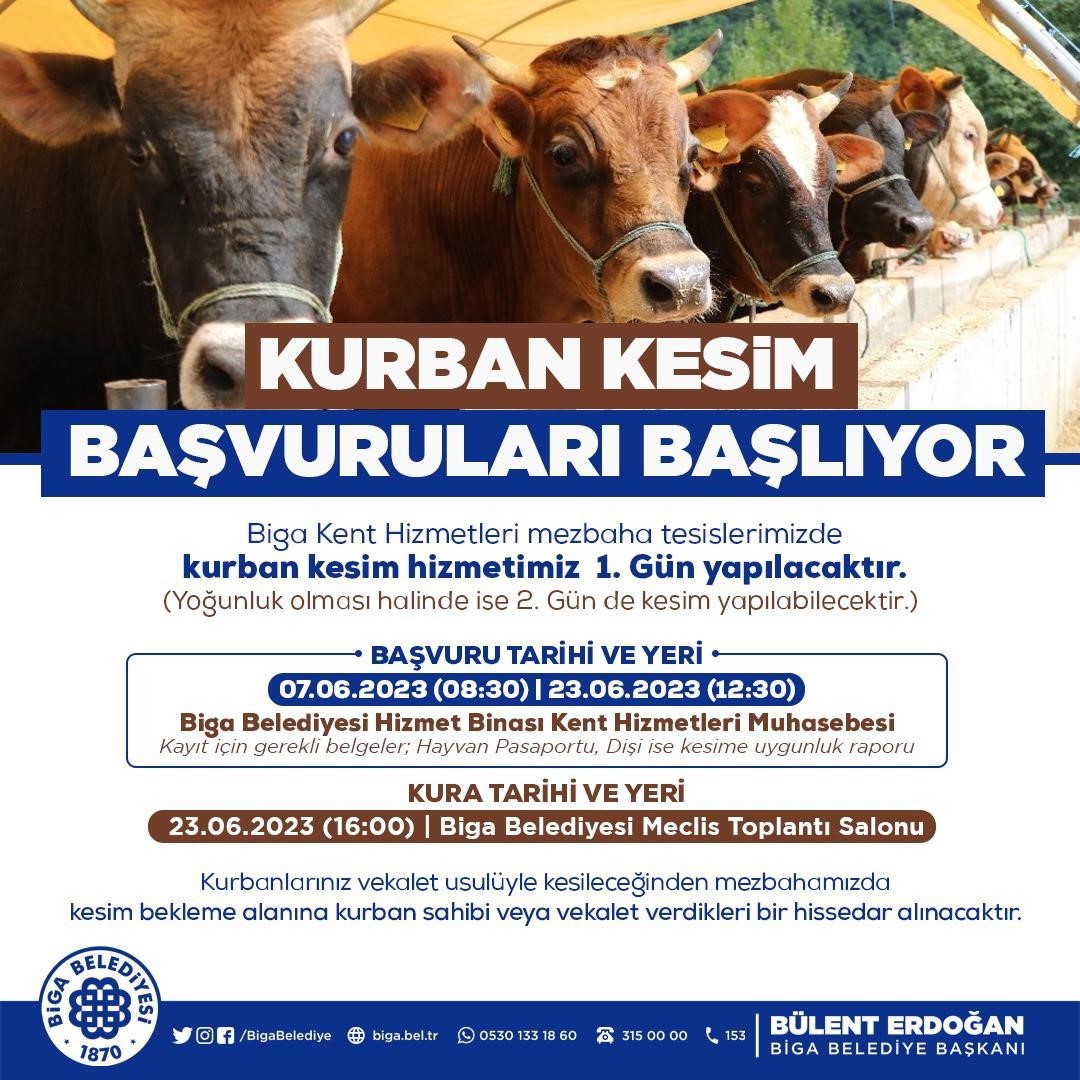 Biga’da kurban kesim başvuruları 7 Haziran’da başlıyor ÇANAKKALE'NİN BİGA İLÇESİNDE, KURBAN BAYRAMI'NDA VEKALET USULÜYLE BİGA BELEDİYESİ'NİN MEZBAHA