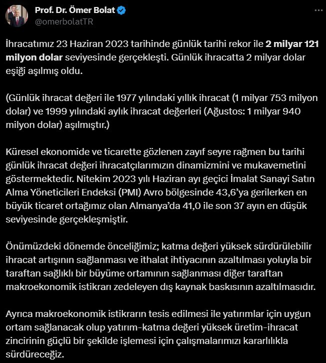 TİCARET BAKANI ÖMER BOLAT, SOSYAL MEDYA HESABINDAN İHRACAT VERİLERİNE DAİR
