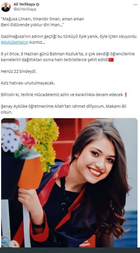 İÇİŞLERİ BAKANI YERLİKAYA, ŞEHİT ÖĞRETMEN AYBÜKE YALÇIN’I ANDI