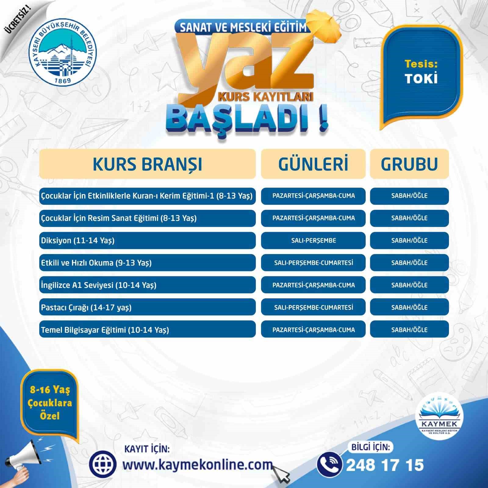 KAYSERİ BÜYÜKŞEHİR BELEDİYESİ BÜNYESİNDE FAALİYET GÖSTEREN, ŞEHRİN KÜLTÜR VE MESLEKİ
