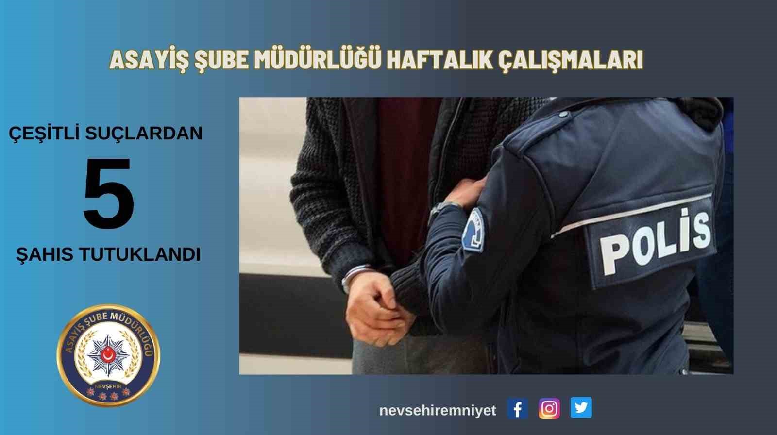 NEVŞEHİR’DE HAKKINDA UYAP ARANMASI BULUNAN 5 ŞAHIS TUTUKLANDI.