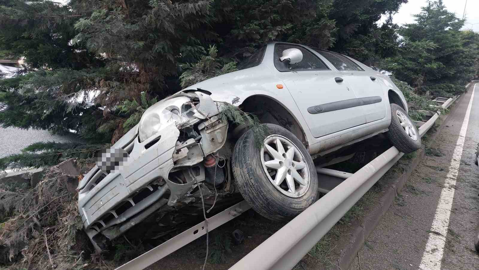 SAMSUN'DA YOLDAN ÇIKAN OTOMOBİL REFÜJDEKİ ÇAM AĞAÇLARINA ÇARPIP BARİYERE ÇIKTI.