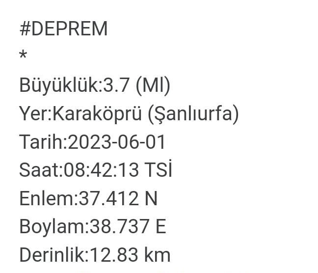 ŞANLIURFA’NIN KARAKÖPRÜ İLÇESİNDE 3.7 BÜYÜKLÜĞÜNDE DEPREM MEYDANA GELDİ.