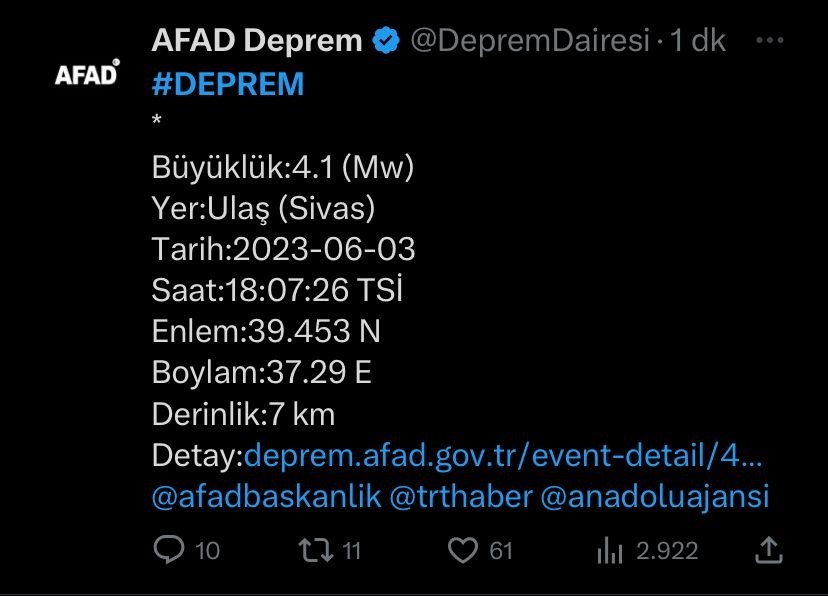 SİVAS'IN ULAŞ İLÇESİNDE SAAT 18.07’DE MEYDANA GELEN DEPREM KISA SÜRELİ