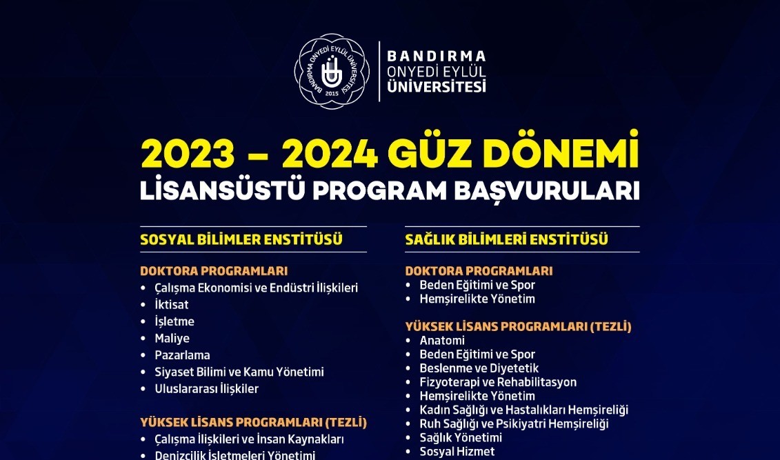 BANÜ Lisansüstü Program Başvuru Takvimi Açıklandı Bandırma Onyedi Eylül Üniversitesi 2023-2024 eğitim ve öğretim yılı lisansüstü