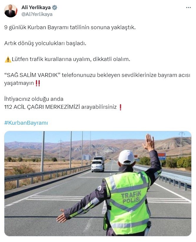 KURBAN BAYRAMI’NIN ARDINDAN DÖNÜŞ YOLCULUKLARINA İLİŞKİN SOSYAL MEDYADA PAYLAŞIMDA BULUNAN