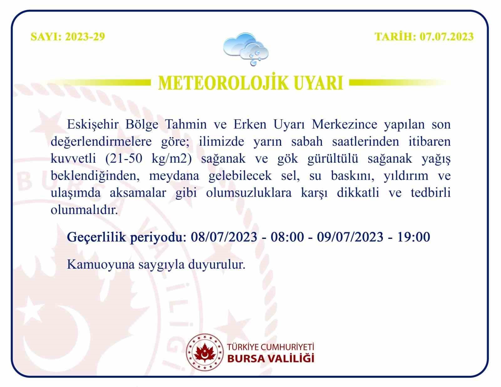 BURSA VALİLİĞİ'NDEN METEOROLOJİK UYARI