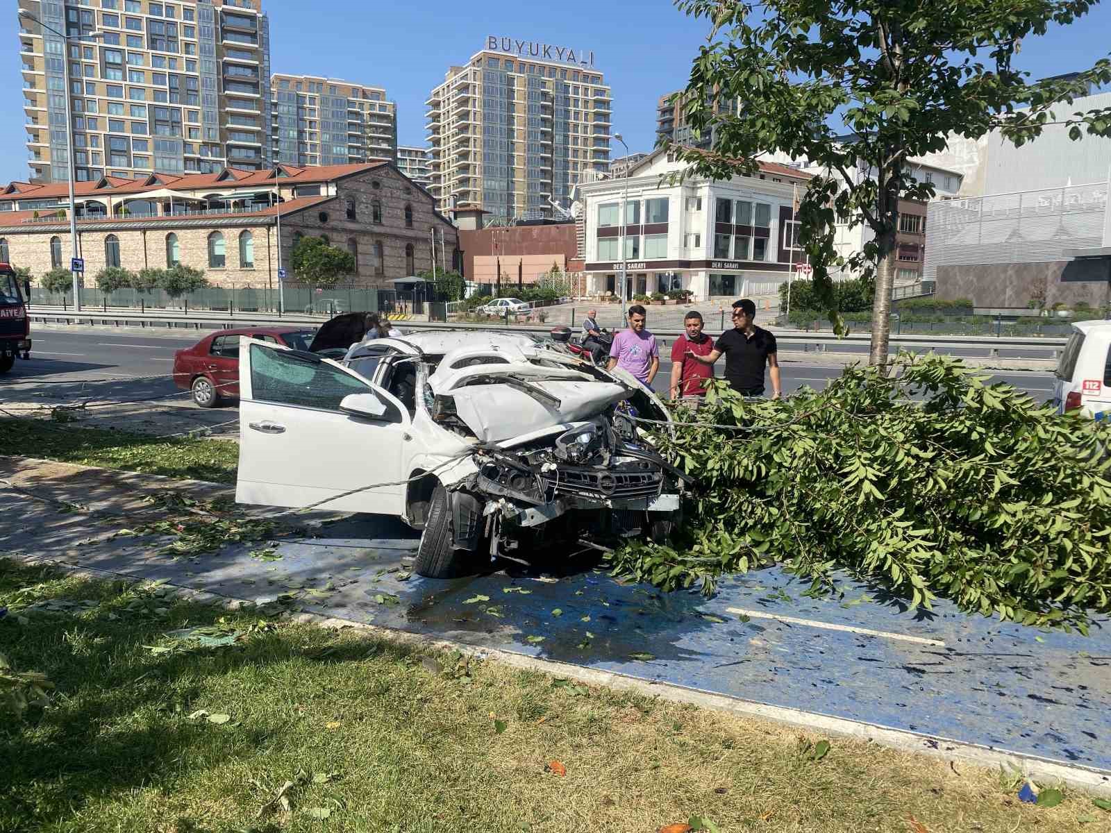 ZEYTİNBURNU SAHİL YOLUNDA VİRAJI ALAMAYAN SÜRÜCÜ, BARİYERİ AŞARAK 2 AĞAÇ