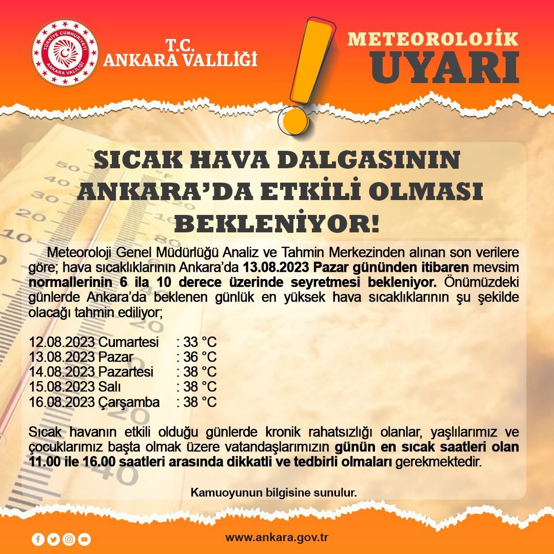 ANKARA VALİLİĞİ SICAK HAVALARIN BEKLENMESİ NEDENİYLE METEOROLOJİK UYARI YAYIMLADI.