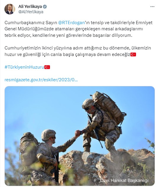 İÇİŞLERİ BAKANI ALİ YERLİKAYA, SOSYAL MEDYA HESABINDAN PAYLAŞIM YAPTI