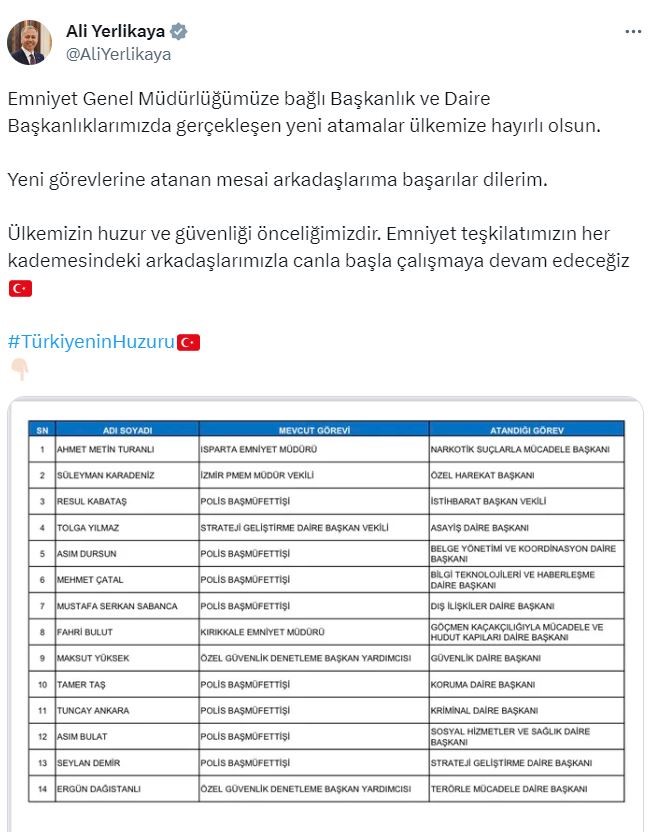 İÇİŞLERİ BAKANI ALİ YERLİKAYA, EMNİYET GENEL MÜDÜRLÜĞÜNE BAĞLI BAŞKANLIK VE