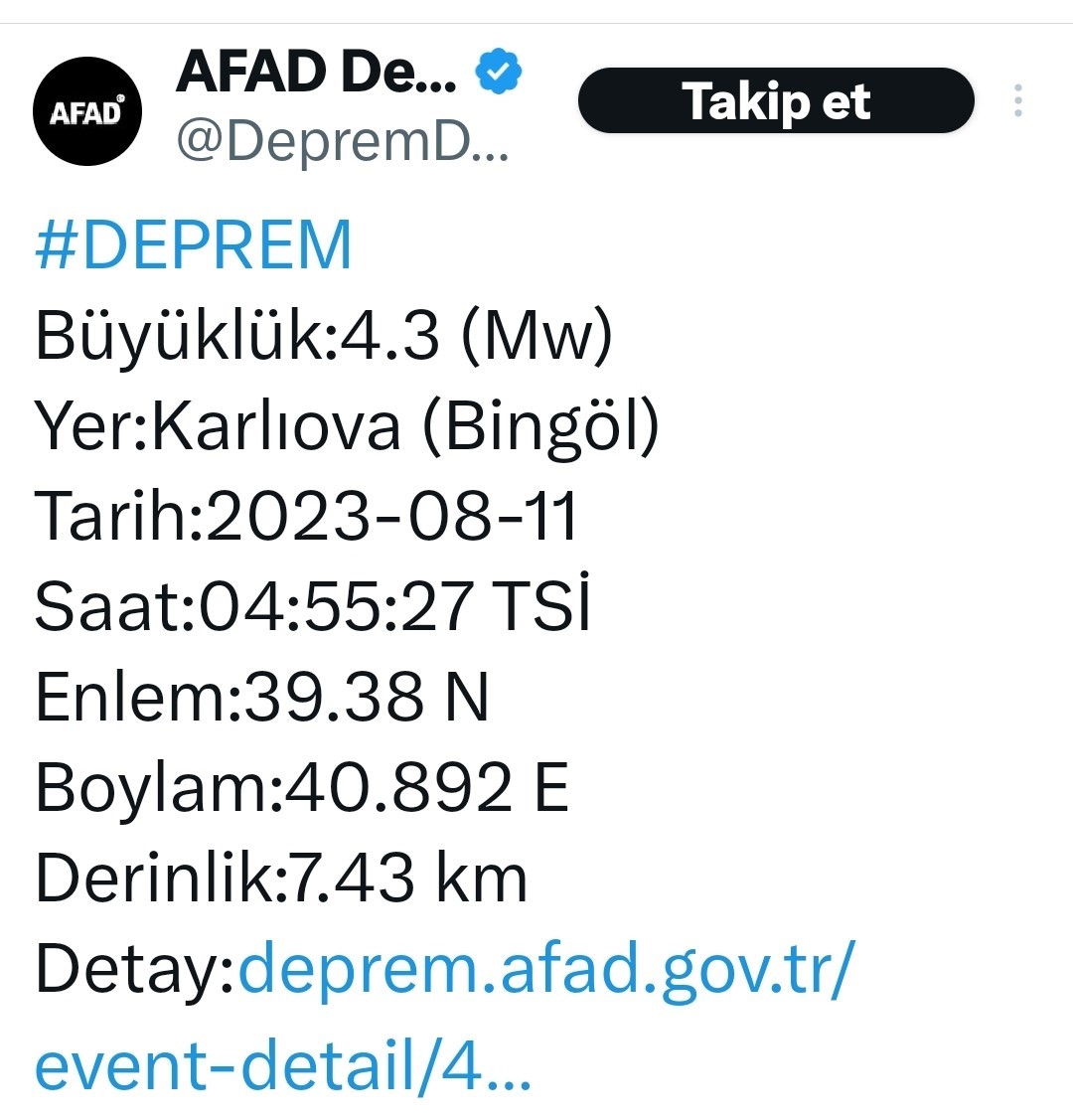 BİNGÖL'ÜN KARLIOVA İLÇESİNDE 4,3 BÜYÜKLÜĞÜNDE DEPREM OLDU