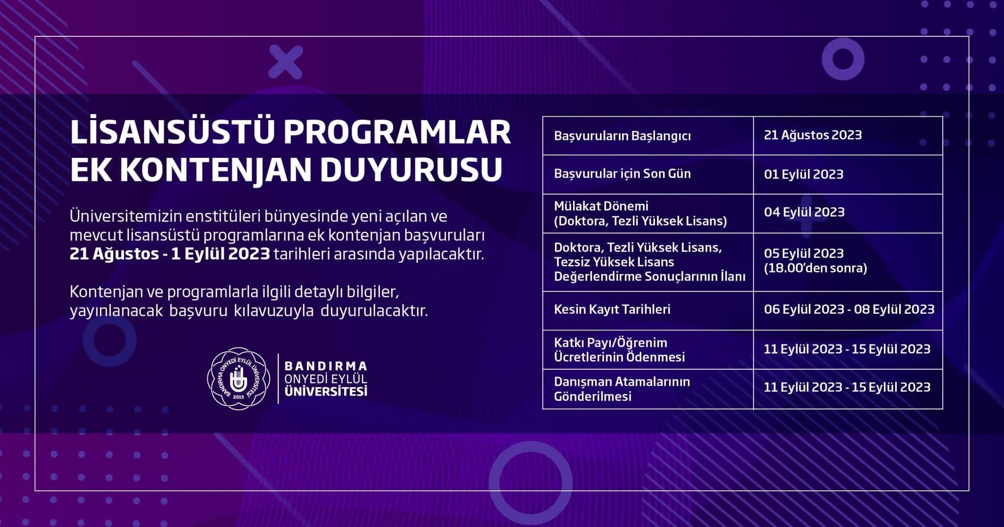 Bandırma Onyedi Eylül Üniversitesi’nin Lisansüstü Programlar Ek Kontenjan başvuruları açıklandı. 