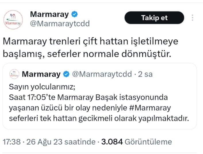 İSTANBUL'UN KARTAL İLÇESİNDE MARMARAY'DA BİR KİŞİ TREN YAKLAŞIRKEN RAYLARA ATLADI.