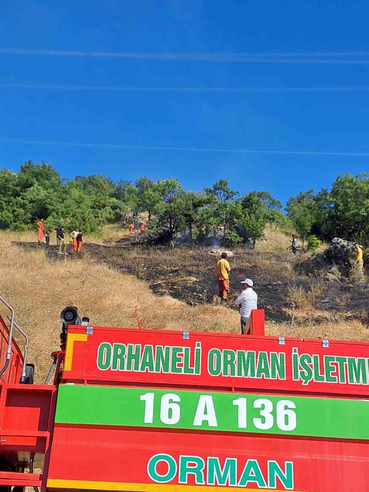 BURSA’NIN ORHANELİ İLÇESİNDE YOL KENARINDA YANGIN ÇIKTI. ALEVLER ORMANLIK ALANA