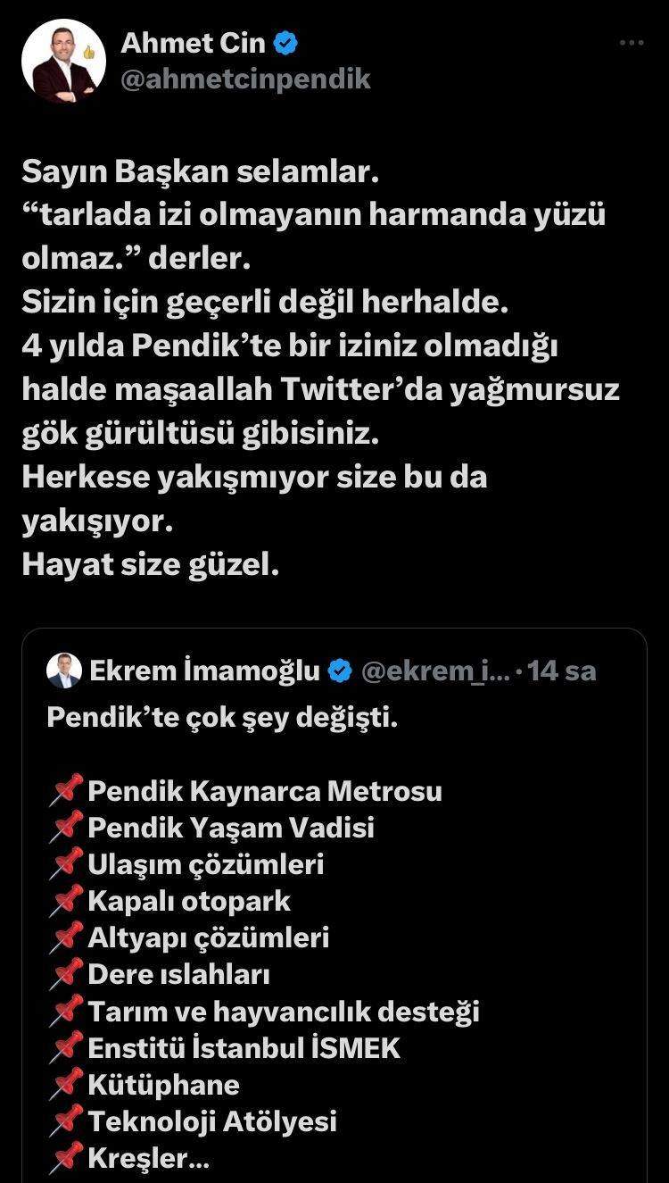 PENDİK BELEDİYE BAŞKANI CİN’DEN İMAMOĞLU’NUN PAYLAŞIMINA MANİDAR CEVAP