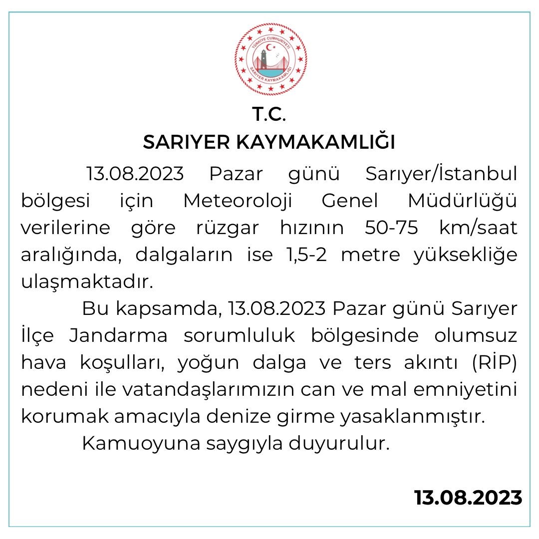 SARIYER’DE OLUMSUZ HAVA VE DENİZ KOŞULLARI NEDENİYLE DENİZE GİRİŞLER YASAKLANDI.