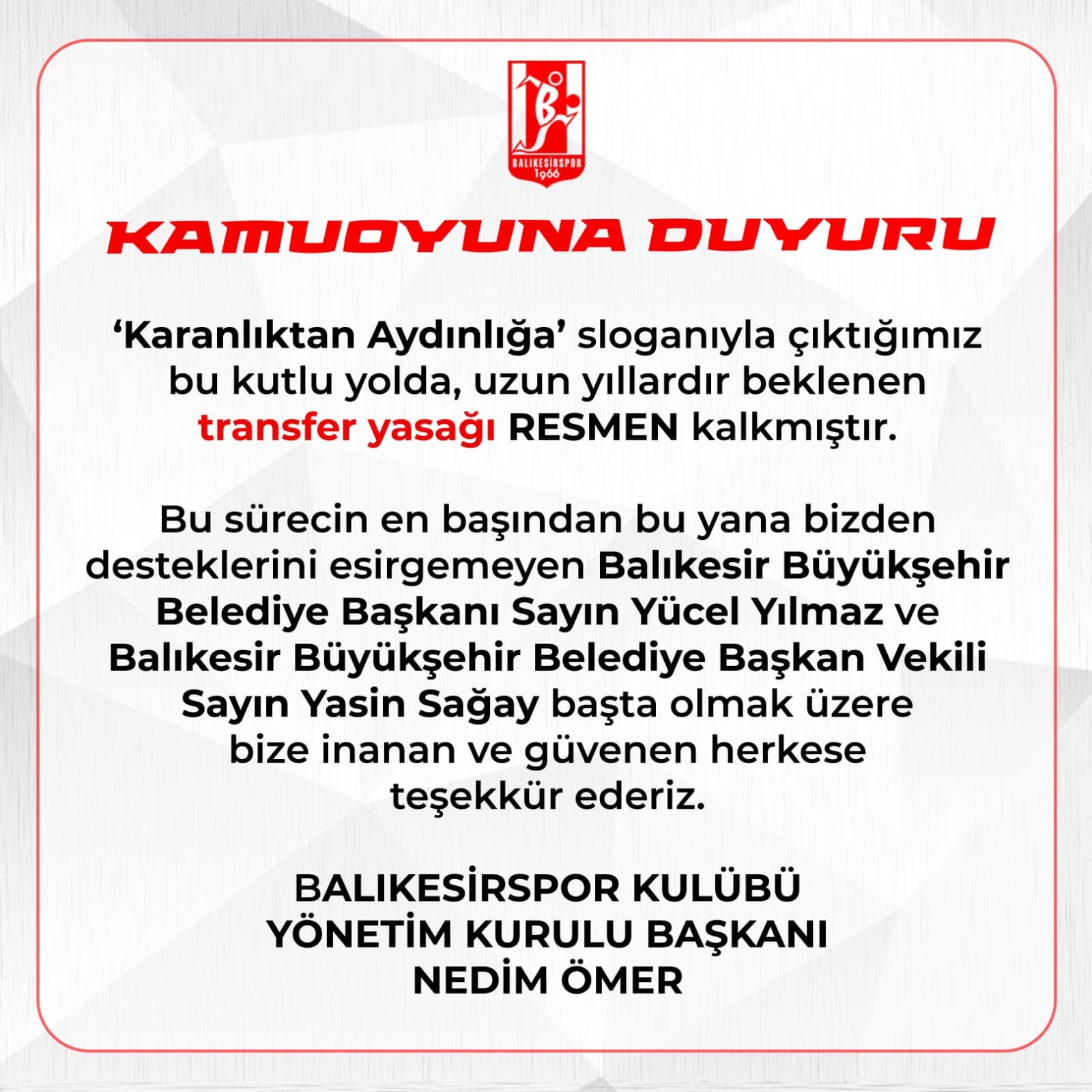 Balıkesirspor önündeki transfer engeli son buldu. Transfer yasağı olan kulüpte