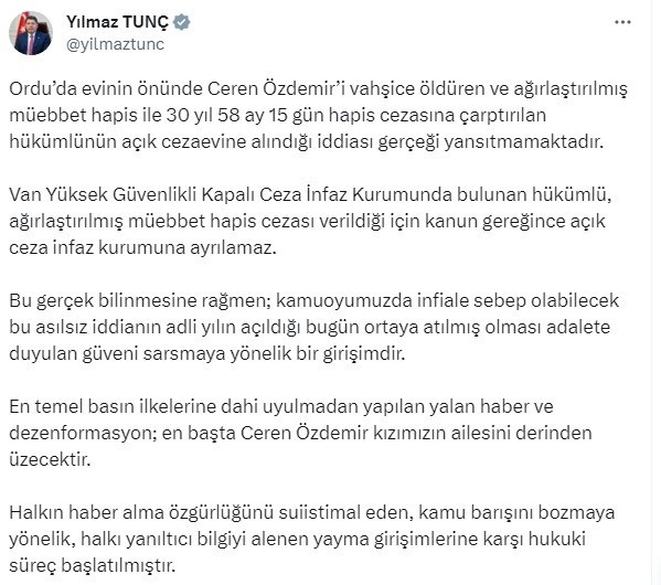ADALET BAKANI YILMAZ TUNÇ, “ORDU’DA EVİNİN ÖNÜNDE CEREN ÖZDEMİR’İ VAHŞİCE