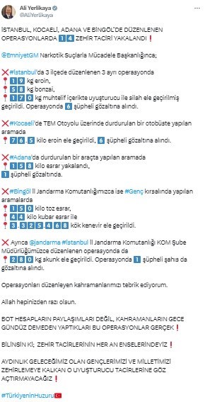 İÇİŞLERİ BAKANI ALİ YERLİKAYA, SOSYAL MEDYA HESABINDAN EMNİYET GENEL MÜDÜRLÜĞÜ