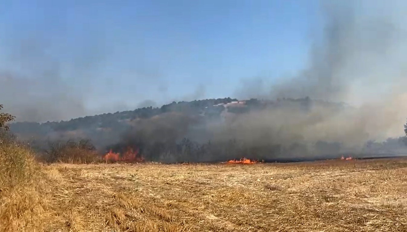 BALIKESİR'İN ALTIEYLÜL İLÇESİNDE BİR TARIM ARAZİSİNDE BAŞLAYAN YANGINA, HAVADAN VE