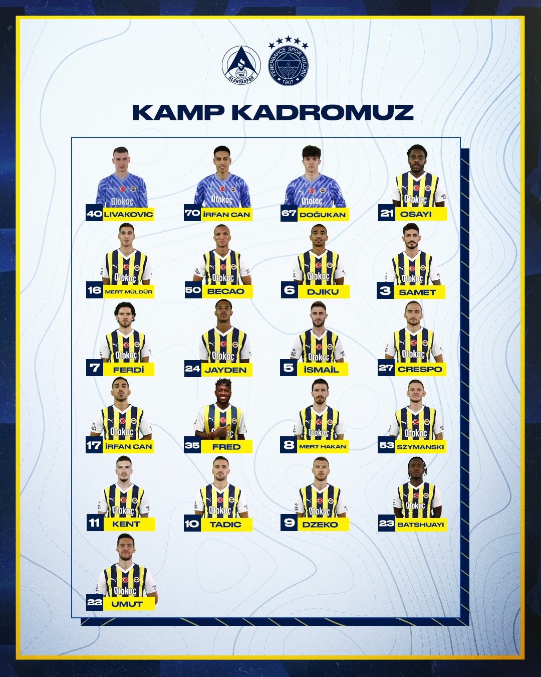 Fenerbahçe’nin Alanyaspor maçı kamp kadrosu açıklandı FENERBAHÇE, TRENDYOL SÜPER LİG'İN 6. HAFTASINDA DEPLASMANDA KARŞILAŞACAĞI ALANYASPOR MAÇI