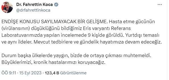 &nbsp;Sağlık Bakanı Fahrettin Koca, Covid-19’un yeni varyantı Eris’in 9 kişide