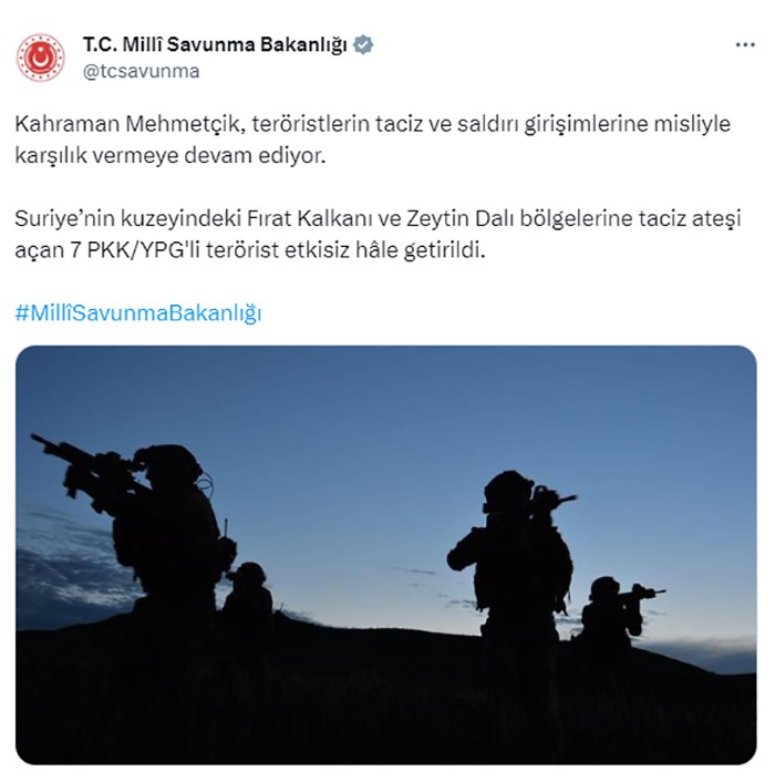 MİLLİ SAVUNMA BAKANLIĞI, SURİYE’NİN KUZEYİNDE 7 PKK/YPG’Lİ TERÖRİSTİN ETKİSİZ HALE