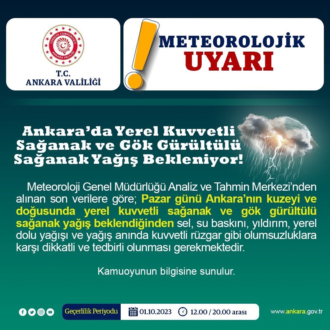 Ankara Valiliğinden sağanak yağış uyarısı ANKARA VALİLİĞİ, SAĞANAK YAĞIŞ BEKLENTİSİ ÜZERİNE METEOROLOJİK UYARI YAYIMLADI.
