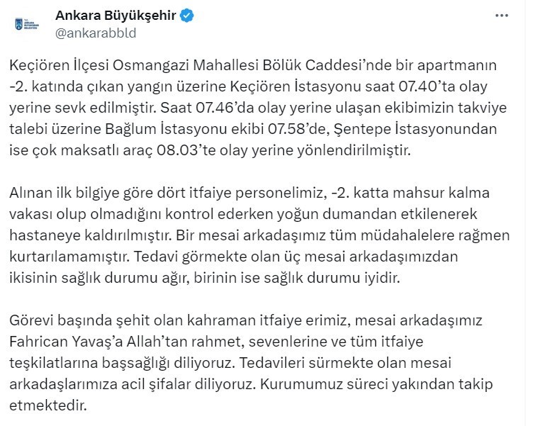 Ankara’da çıkan yangında 1 itfaiye eri şehit oldu ANKARA BÜYÜKŞEHİR BELEDİYESİ (ABB), KEÇİÖREN İLÇESİ OSMANGAZİ MAHALLESİNDE MEYDANA GELEN