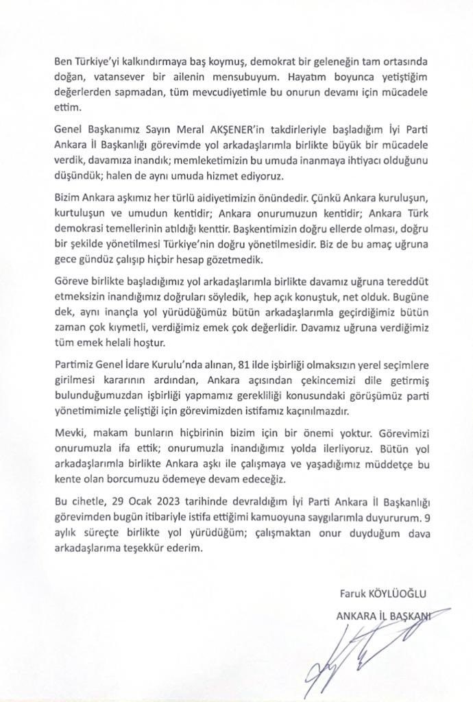 İYİ Parti Ankara İl Başkanı Faruk Köylüoğlu istifa etti İYİ PARTİ ANKARA İL BAŞKANI FARUK KÖYLÜOĞLU, GÖREVİNDEN İSTİFA ETTİĞİNİ