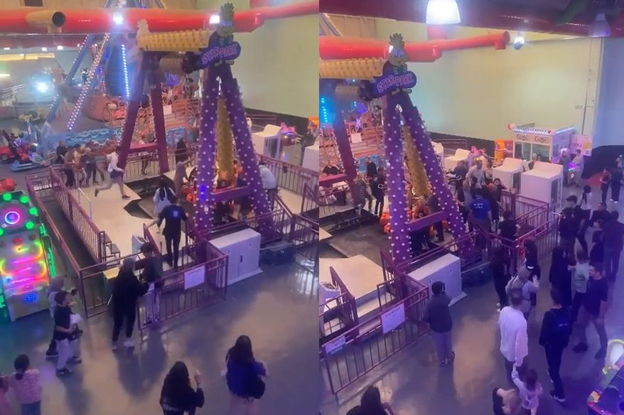 Bursa’da Korupark Alışveriş Merkezi’nin oyun parkında çocukların bindiği oyuncak devrildi.
