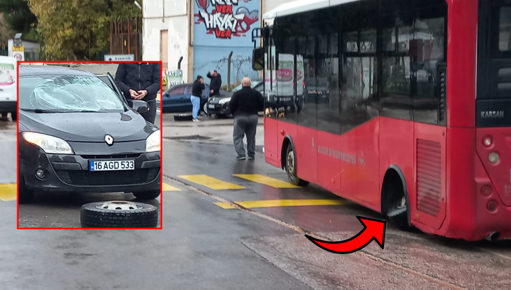 Otobüsün lastiği fırlayıp otomobile çarptı