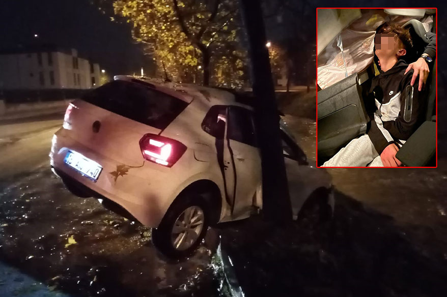 Sonu hastanede bitti! Bursa’nın İnegöl ilçesinde babasından habersiz otomobili kaçıran genç ağaca çarptı.