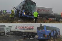 Şanlıurfa’da yolcu otobüsü ile iki tırın karıştığı trafik kazasında 1