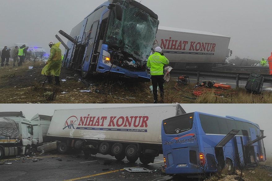 Şanlıurfa’da sis faciası Şanlıurfa’da yolcu otobüsü ile iki tırın karıştığı trafik kazasında 1